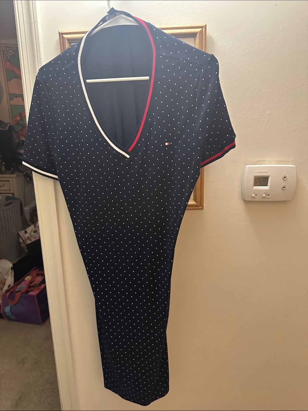 Tommy Hilfiger Navy Polka Dot V-Neck Midi Dress with Red & White Trim